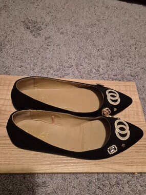 Womens black bejeweled flats size 10